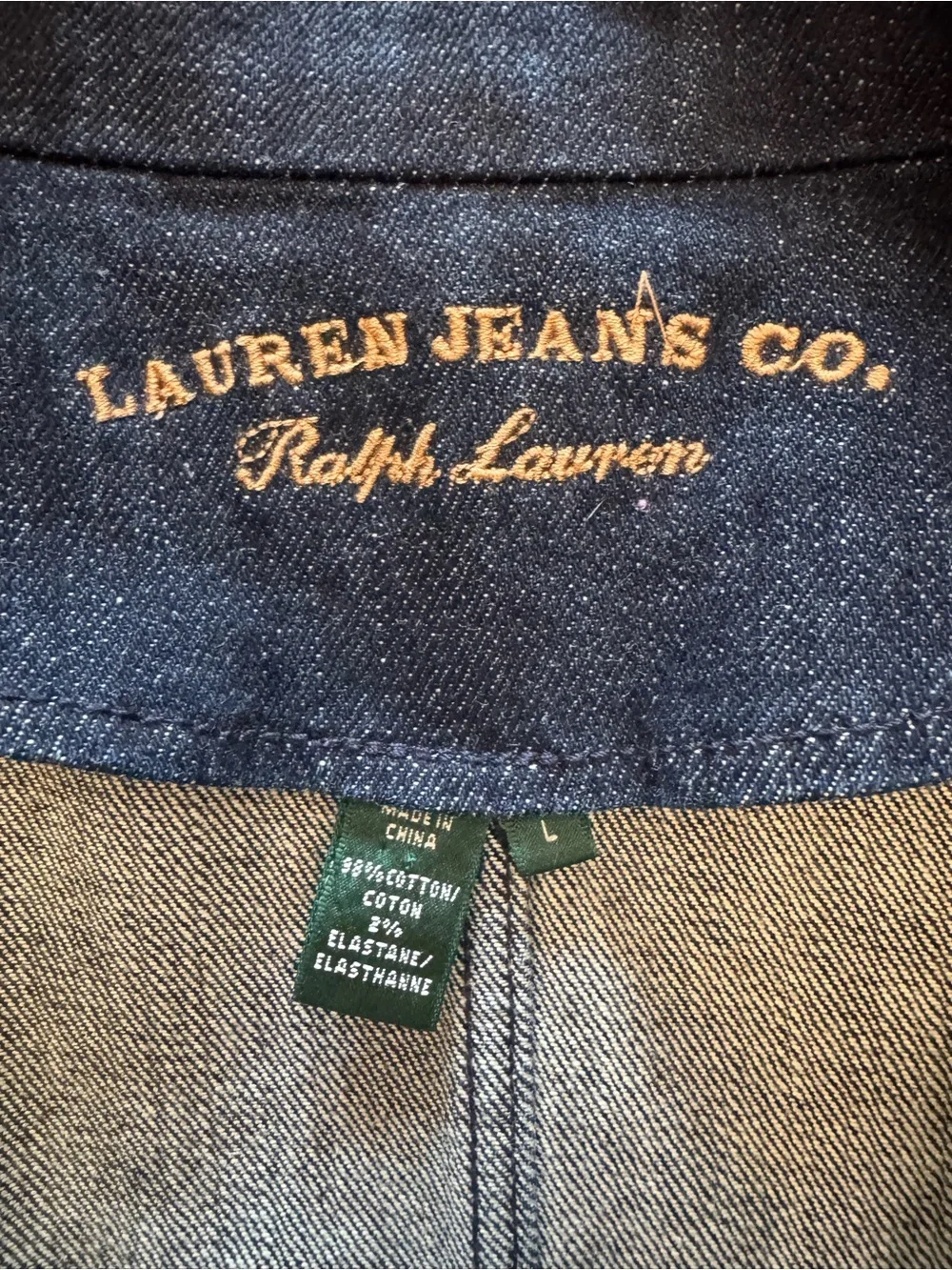 Lauren Jeans Co Ralph Lauren Womens L Denim Blazer Crest Patch Dark Wash